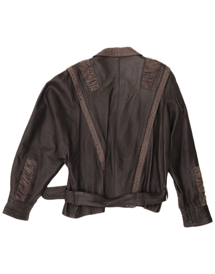 VINTAGE Dame Læderjakke IT 48 XL Sort Geometrisk Læder