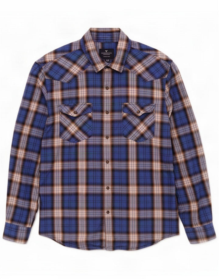 American Eagle Herre Flanelskjorte Stor Blå Plaid Bomuld