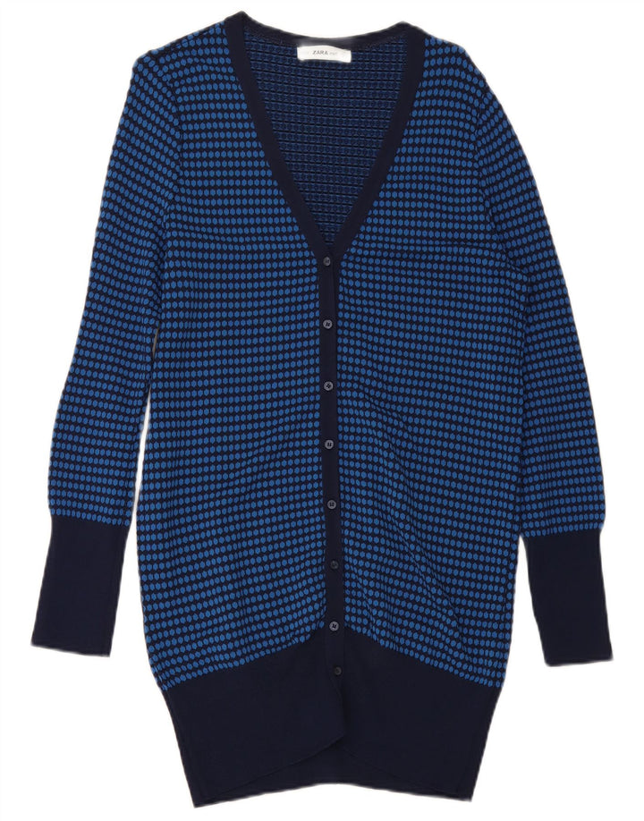 ZARA Womens Longline Cardigan Sweater UK 12 Medium Blue Geometric Viscose