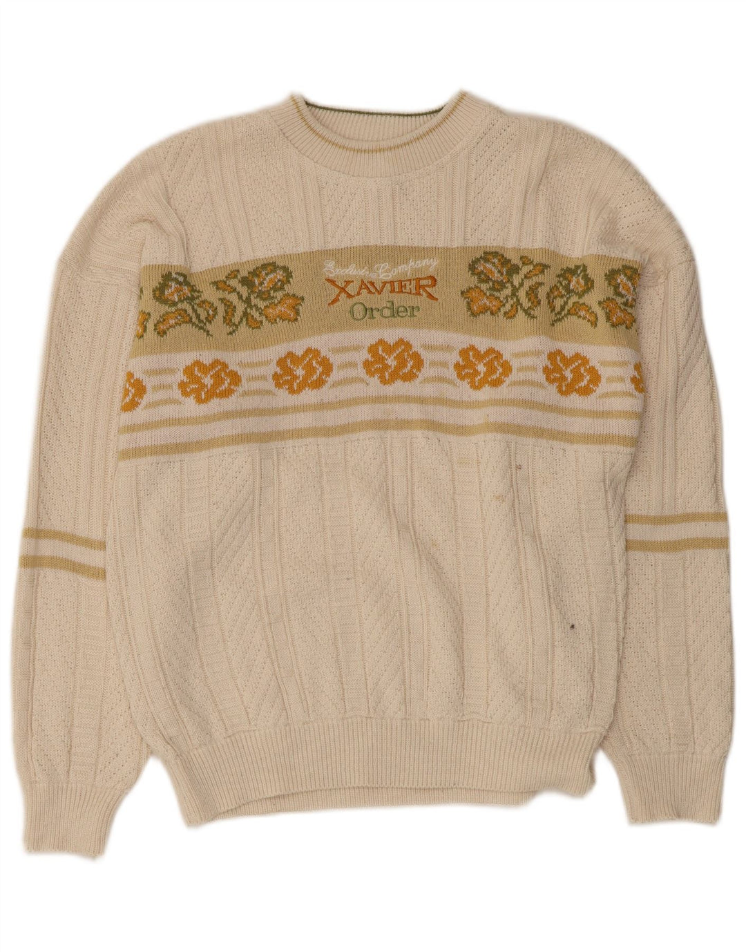 VINTAGE Herre grafisk bådhals sweater Medium White Floral