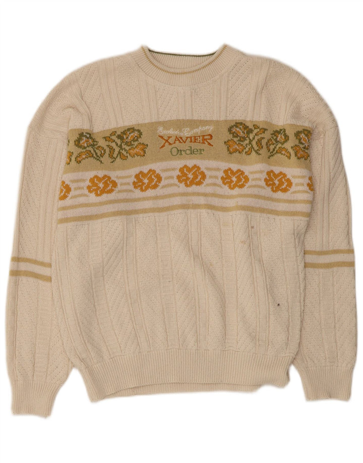 VINTAGE Herre grafisk bådhals sweater Medium White Floral