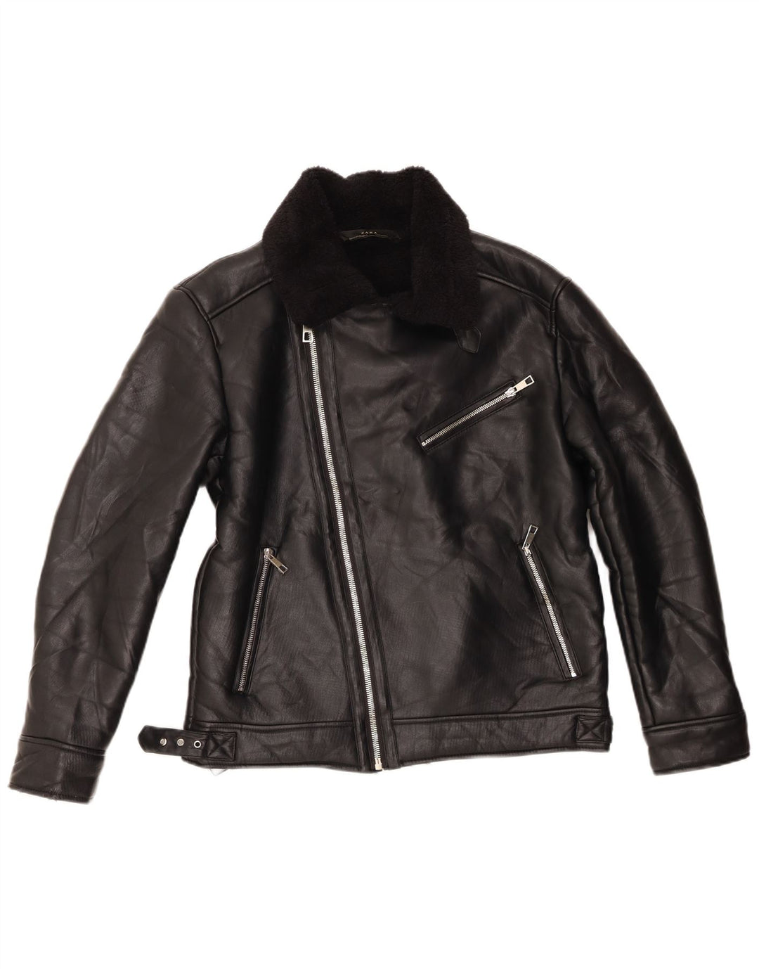Zara Sherpa Biker Jacket UK 14 Medium Sort Polyester til kvinder