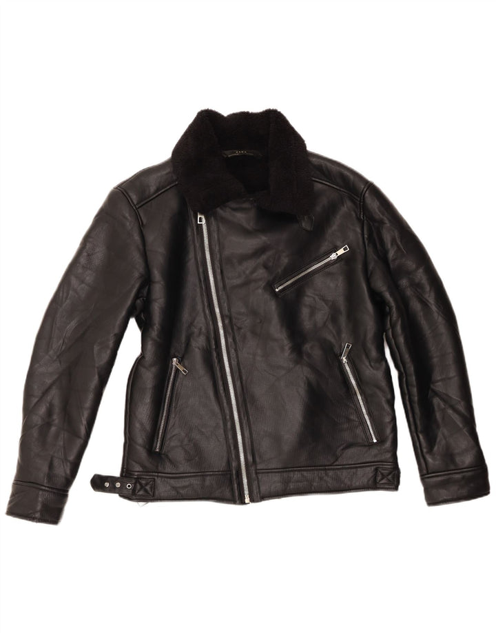 Zara Sherpa Biker Jacket UK 14 Medium Sort Polyester til kvinder