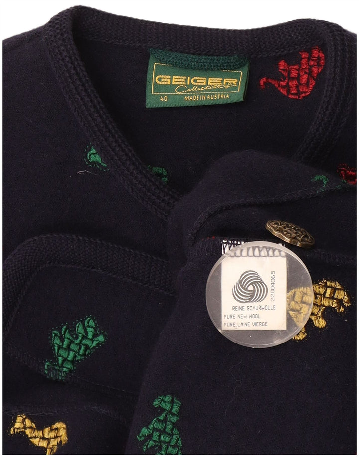 Geiger Dame 6 Button Blazer Jacket EU 40 Medium Navy Blue Animal Print