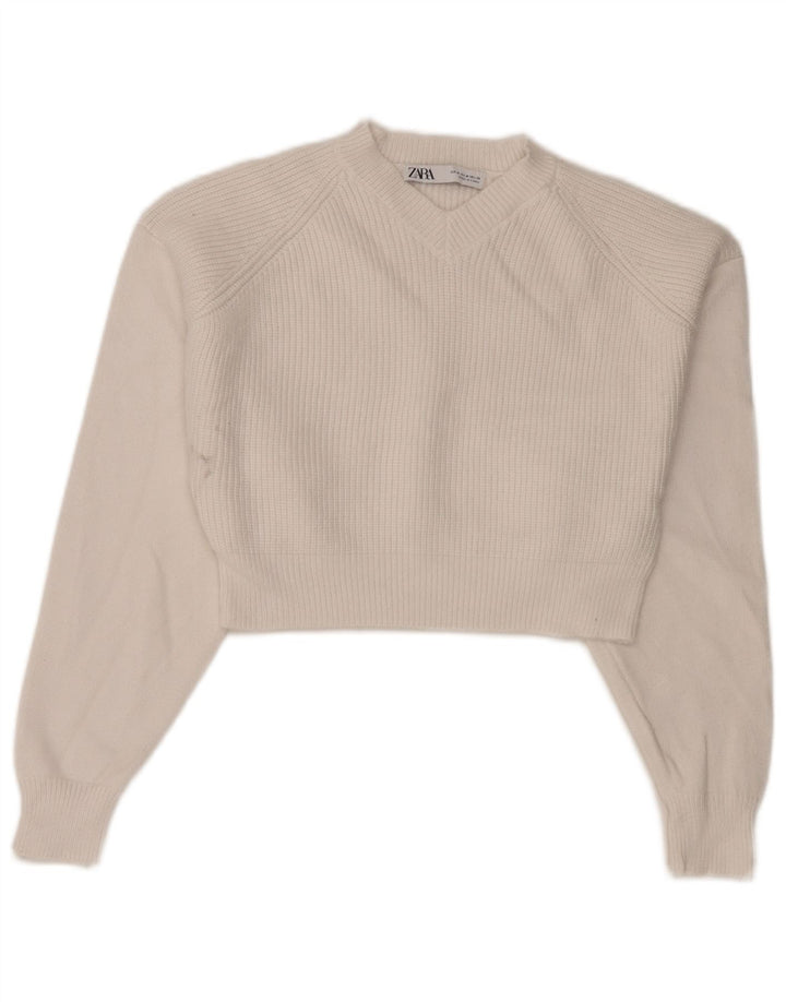 Zara Womens Crop V-hals sweater UK 12 Medium White Viscose