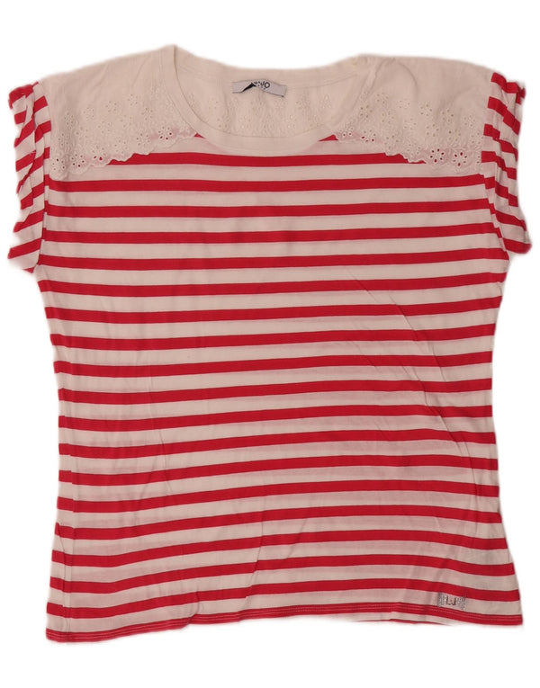 Liu Jo Dame T-Shirt Top UK 14 Medium Pink Stribet Bomuld