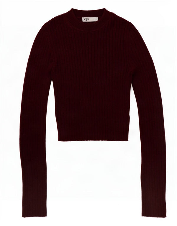 Zara Womens Crop Turtle Neck Jumper Sweater UK 12 Medium Bourgogne bomuld