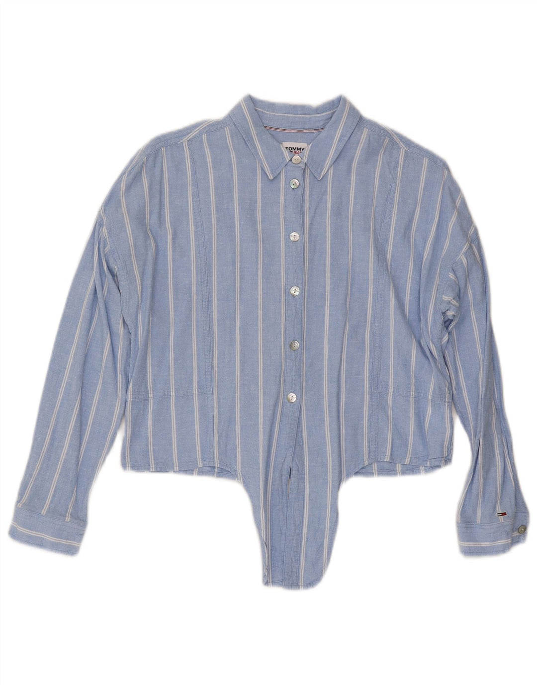 Tommy Hilfiger Womens Crop Front Tie Shirt UK 14 Mellem blå stribet linned