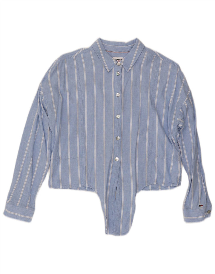 Tommy Hilfiger Womens Crop Front Tie Shirt UK 14 Mellem blå stribet linned
