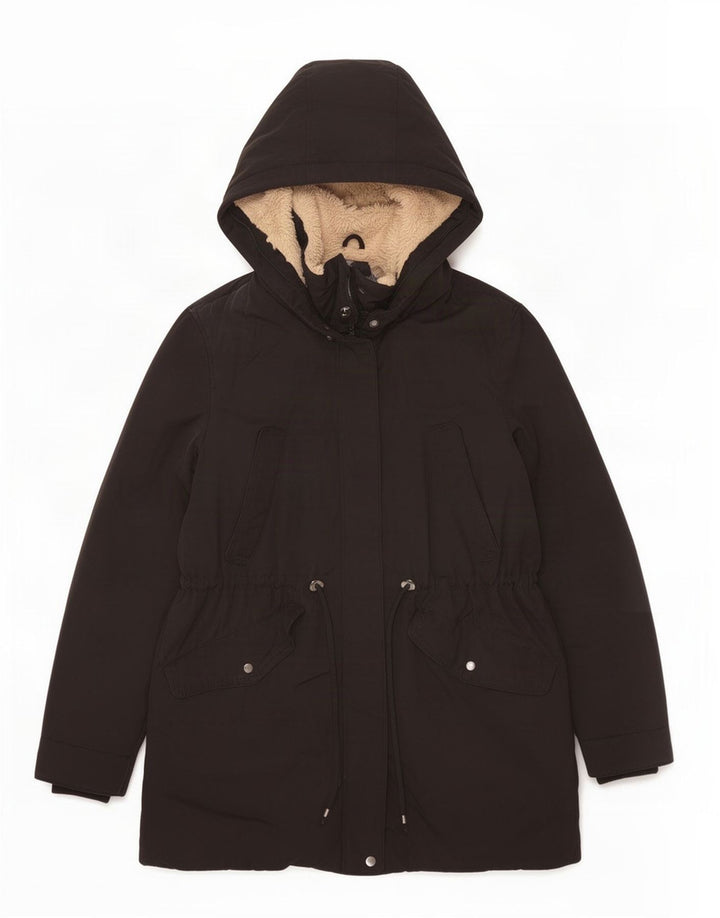 Zara Sherpa Parkajakke med hætte til kvinder UK 14 Medium Sort Polyester