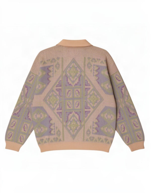 Vintage Mens Polo Neck Jumper Sweater Large Beige Geometric Wool