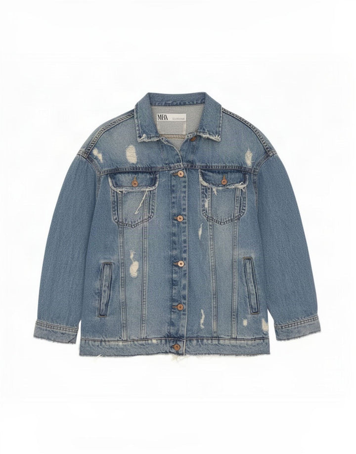 Zara Dame Distressed Oversized Denim Jacket UK 10 Small Blue Cotton