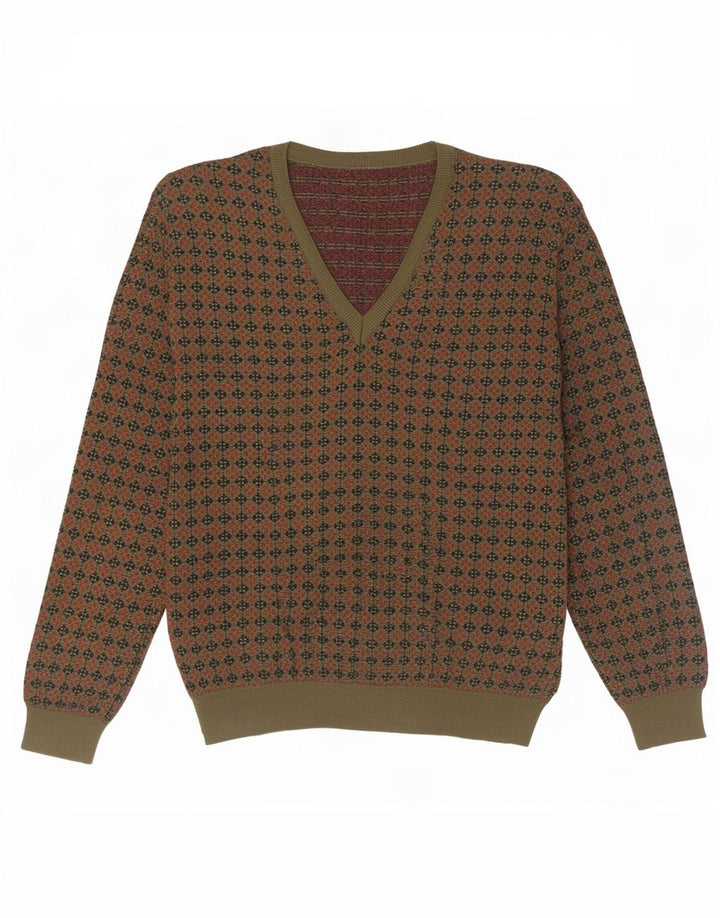Vintage herre V-hals sweater stor kaki geometrisk uld