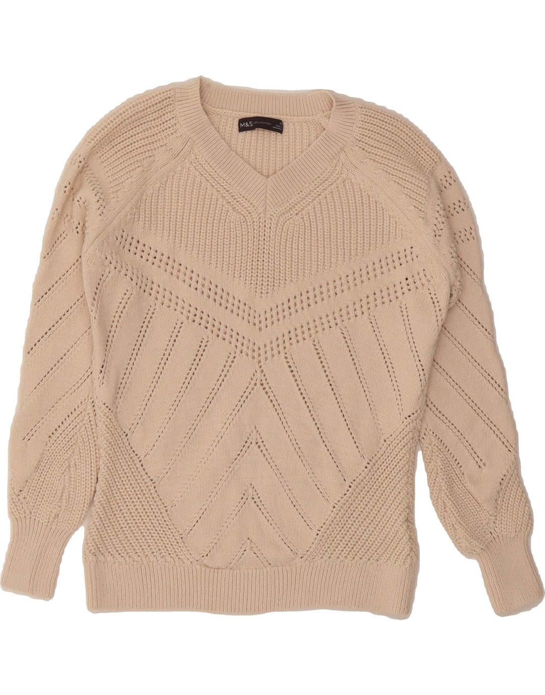 MARKS & SPENCER Womens Oversized V-Neck Jumper Sweater UK 6 XS Beige Vintage Marks & Spencer and Second-Hand Marks & Spencer from Messina Hembry 