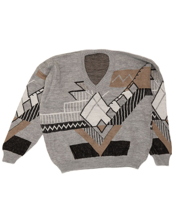 Vintage herre V-hals sweater stor grå geometrisk akryl