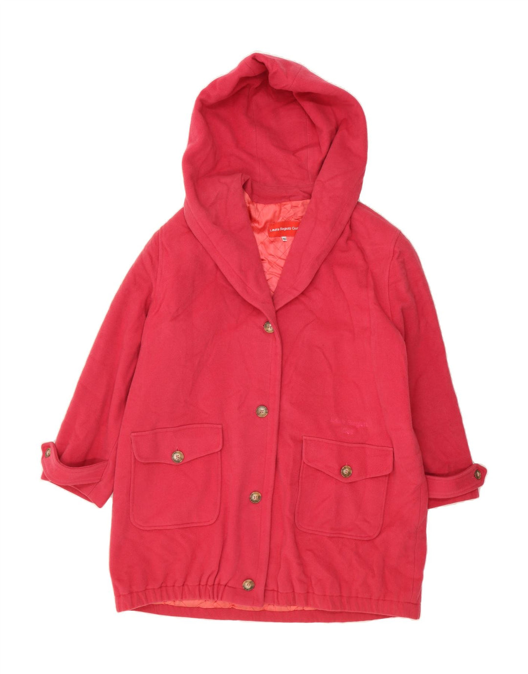 LAURA BIAGIOTTI Womens Hooded Overcoat IT 46 Large Pink Wool Vintage Laura Biagiotti and Second-Hand Laura Biagiotti from Messina Hembry 