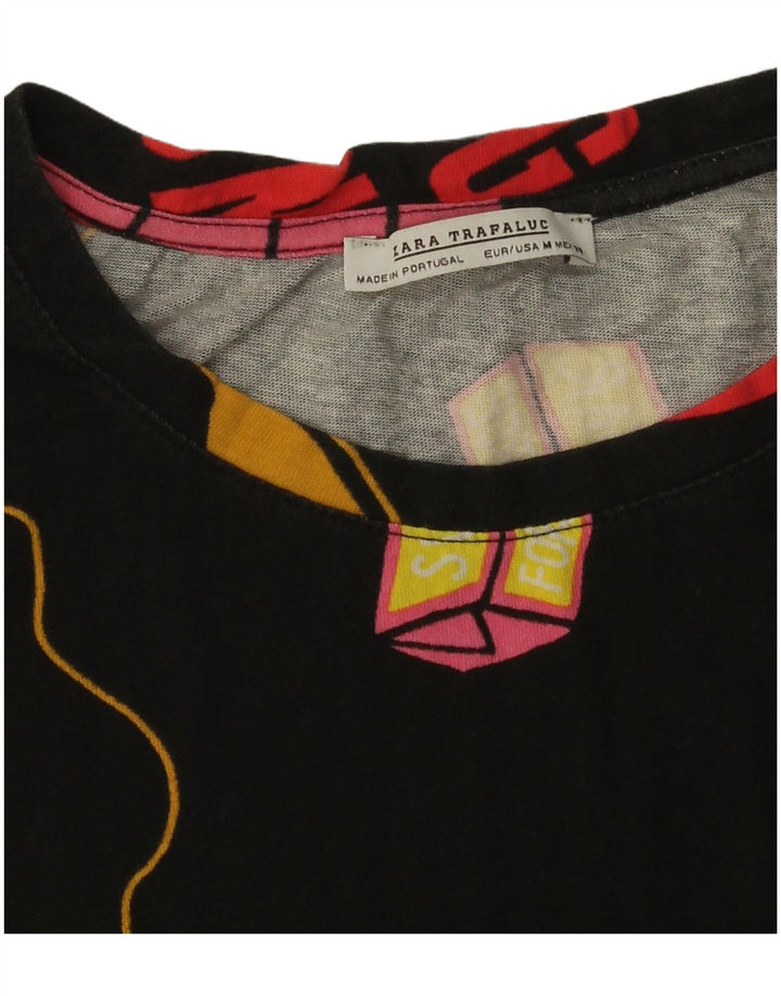 Zara Womens Crop Oversized grafisk T-shirt top UK 14 Medium Black