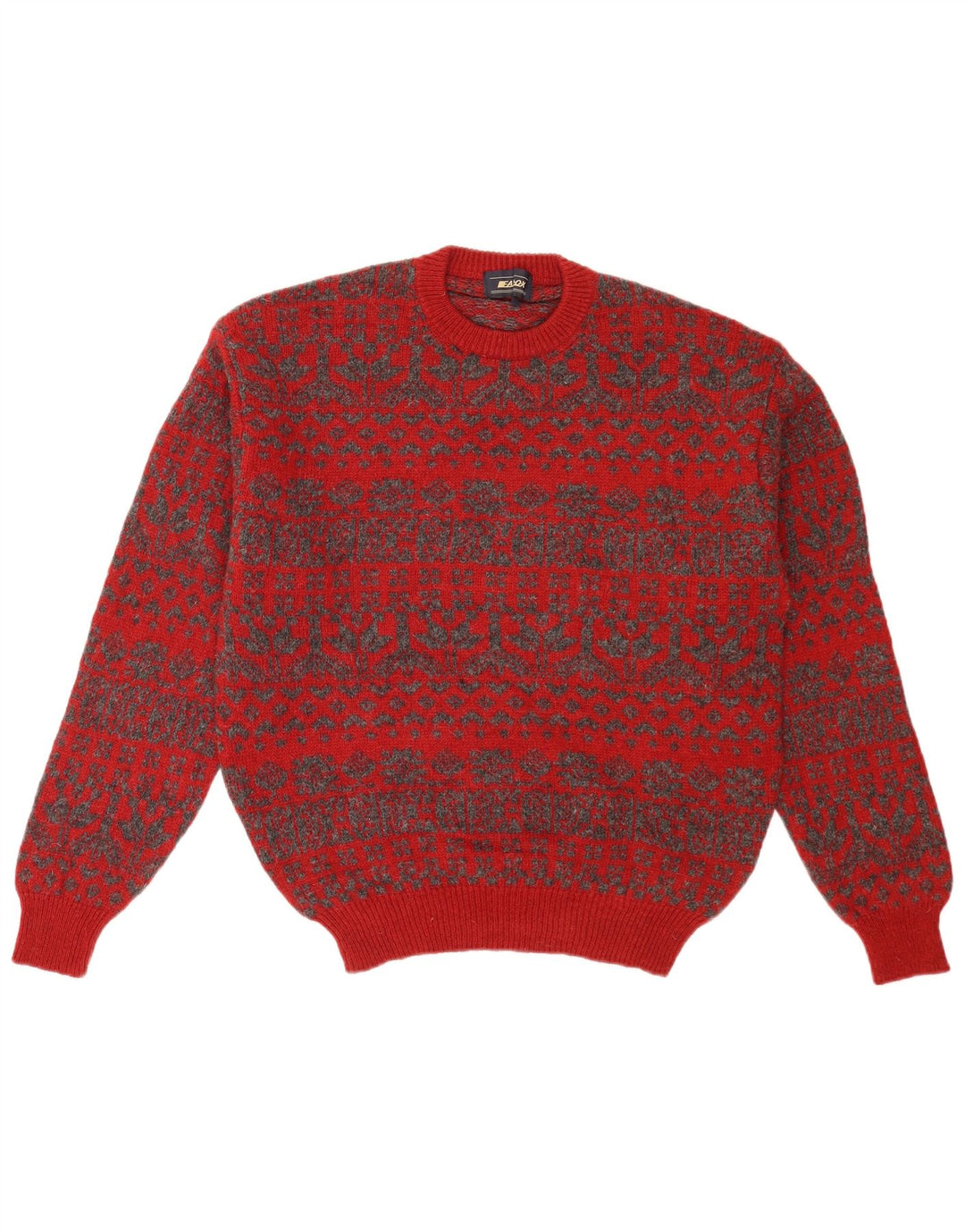 Vintage herre sweater med rund hals, medium rød Fair Isle Retro