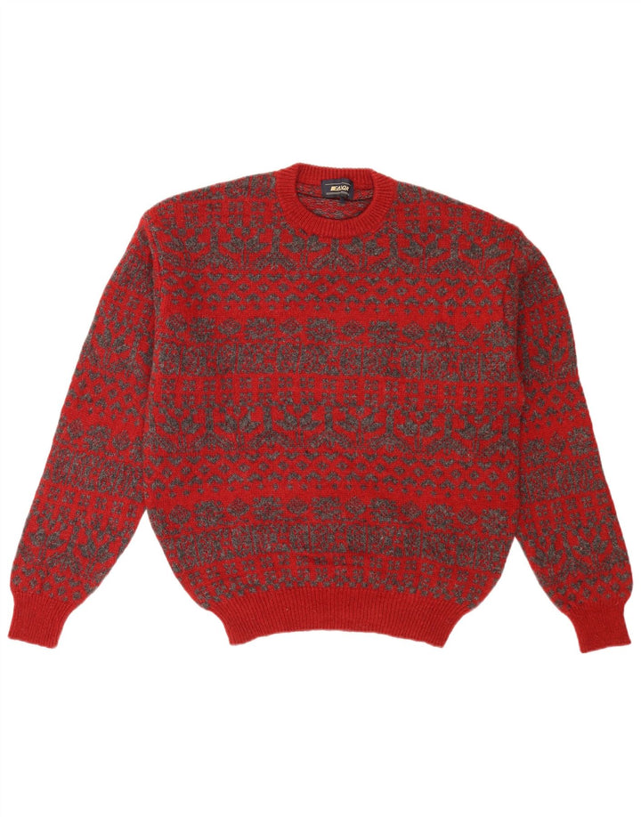 Vintage herre sweater med rund hals, medium rød Fair Isle Retro