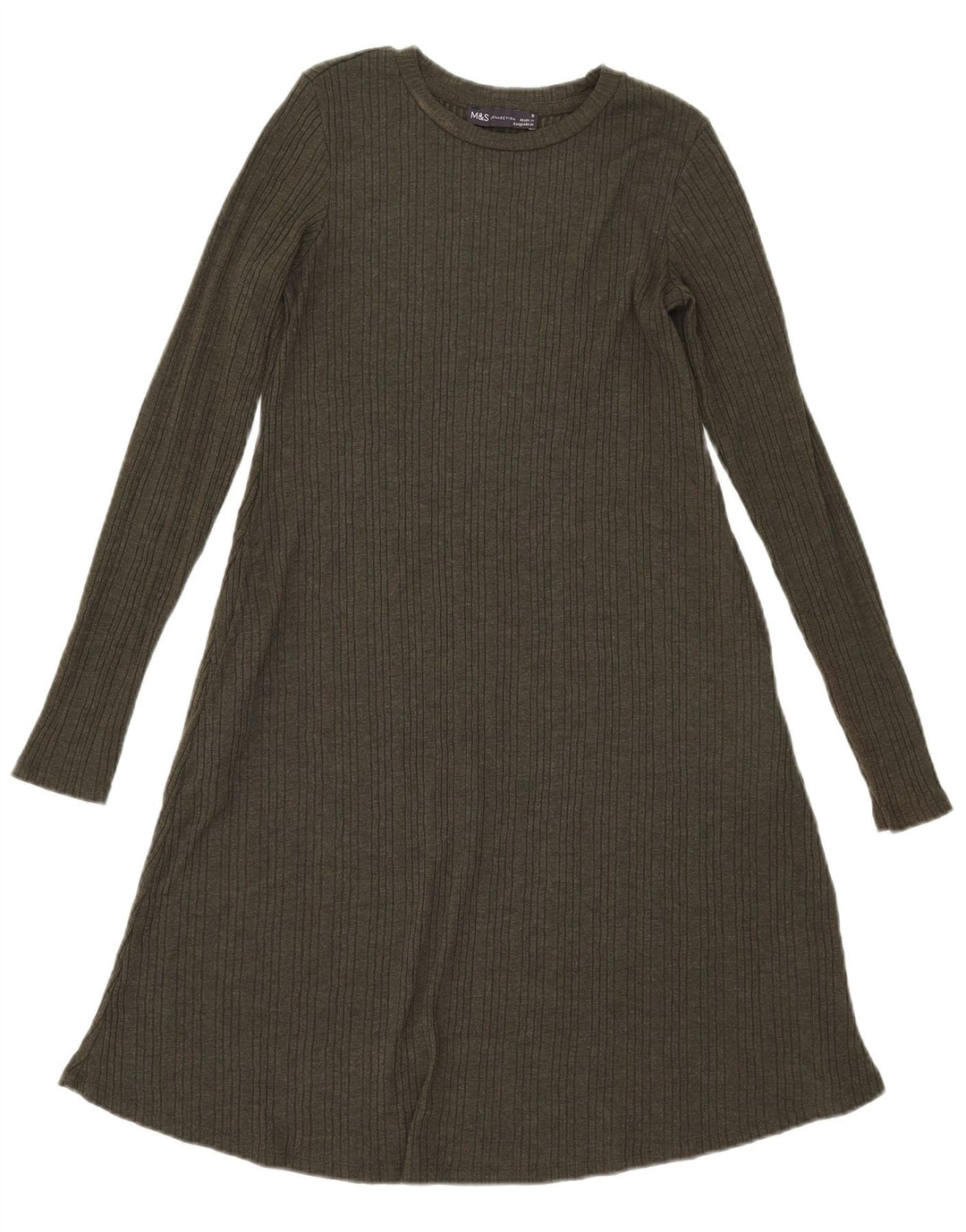 Marks & Spencer Dame Langærmet A-Line Kjole UK 8 Small Khaki Polyester