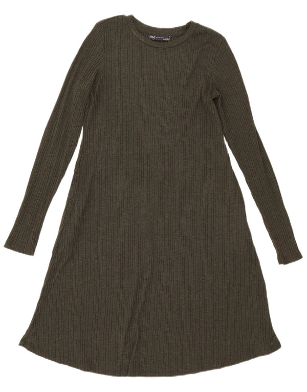 Marks & Spencer Dame Langærmet A-Line Kjole UK 8 Small Khaki Polyester