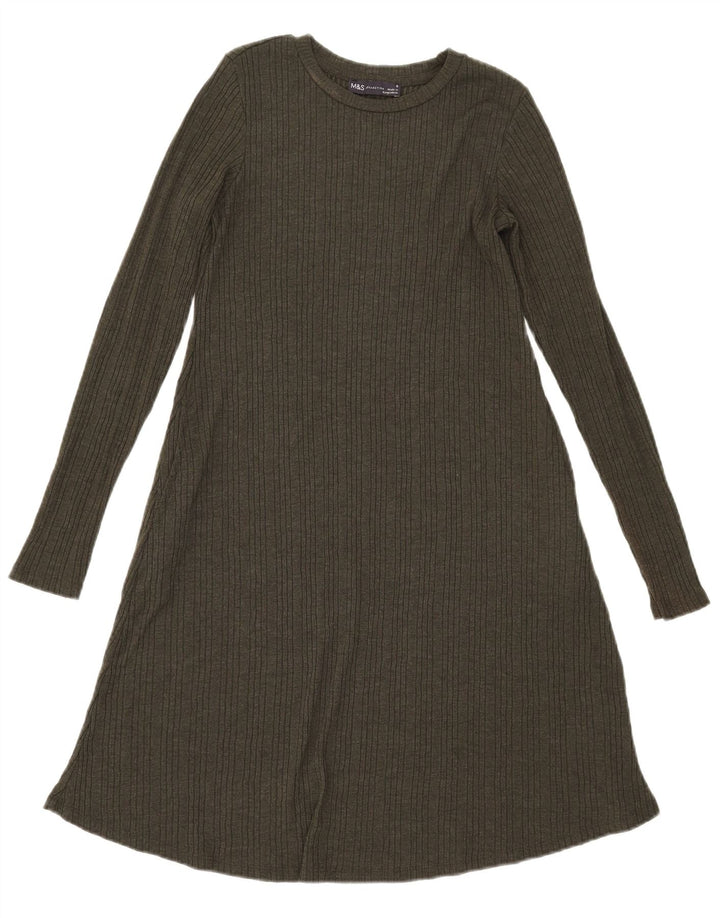 Marks & Spencer Dame Langærmet A-Line Kjole UK 8 Small Khaki Polyester