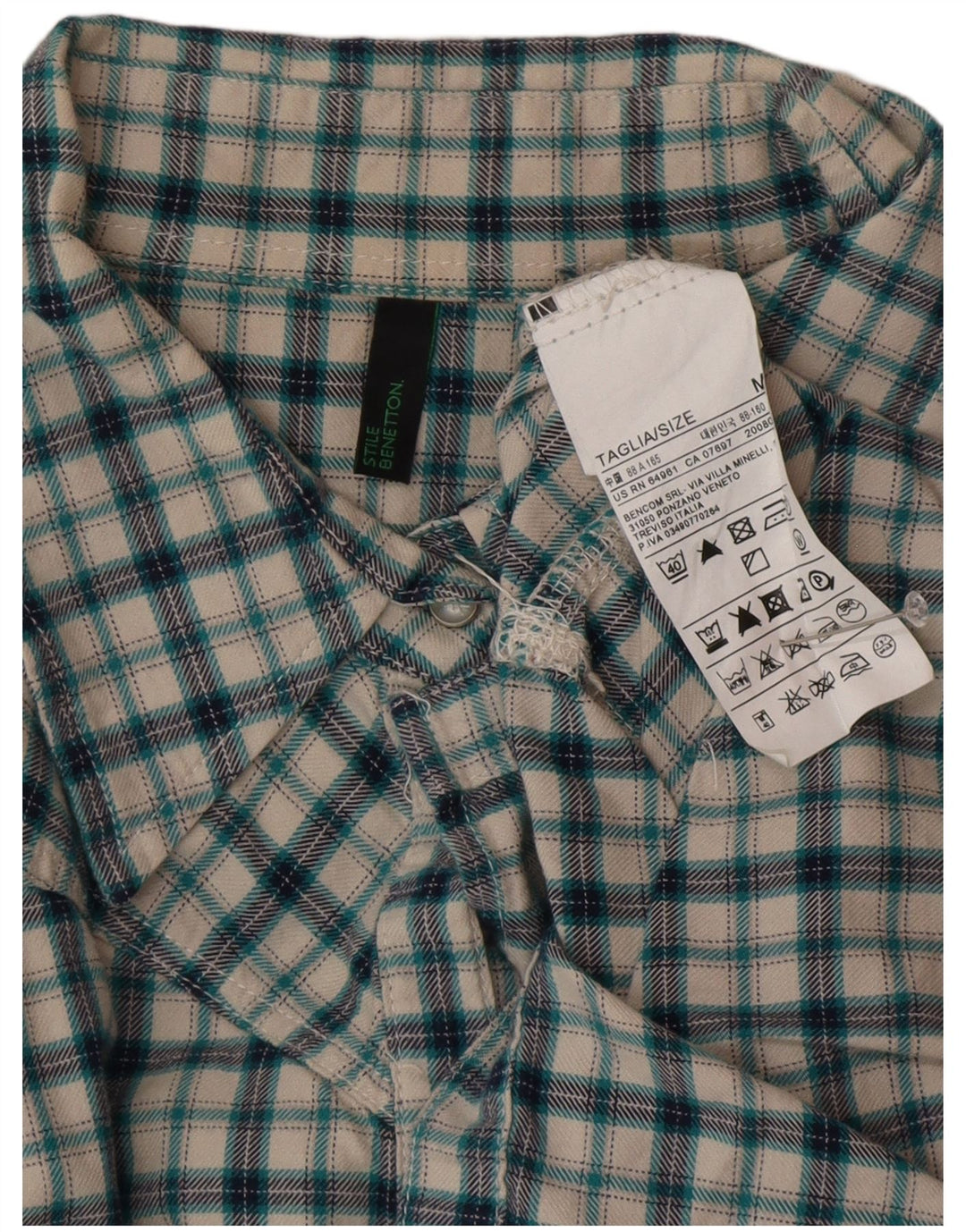 BENETTON Dame Flanelskjorte UK 14 Medium Grøn Ternet Bomuld