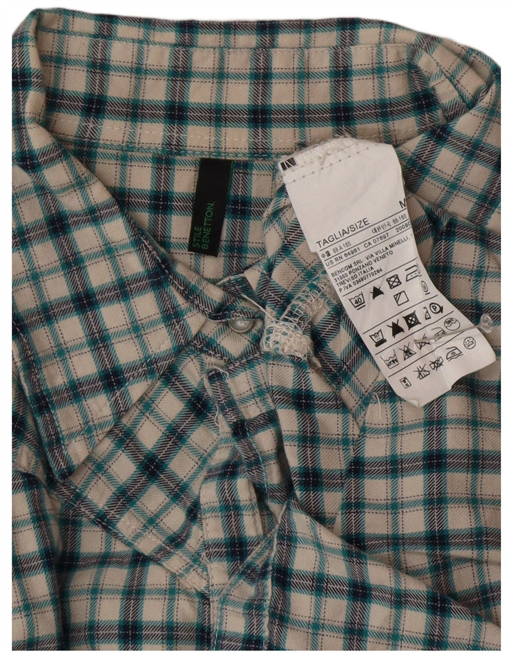 BENETTON Dame Flanelskjorte UK 14 Medium Grøn Ternet Bomuld