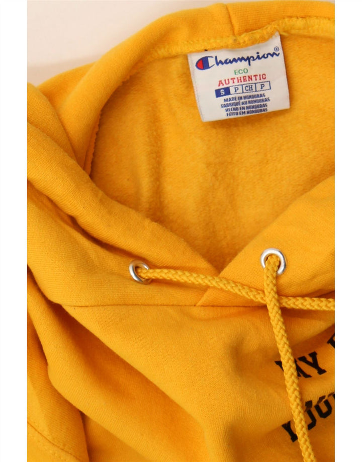 CHAMPION Mens Graphic Hoodie Jumper Small Yellow Cotton Vintage Champion and Second-Hand Champion from Messina Hembry 