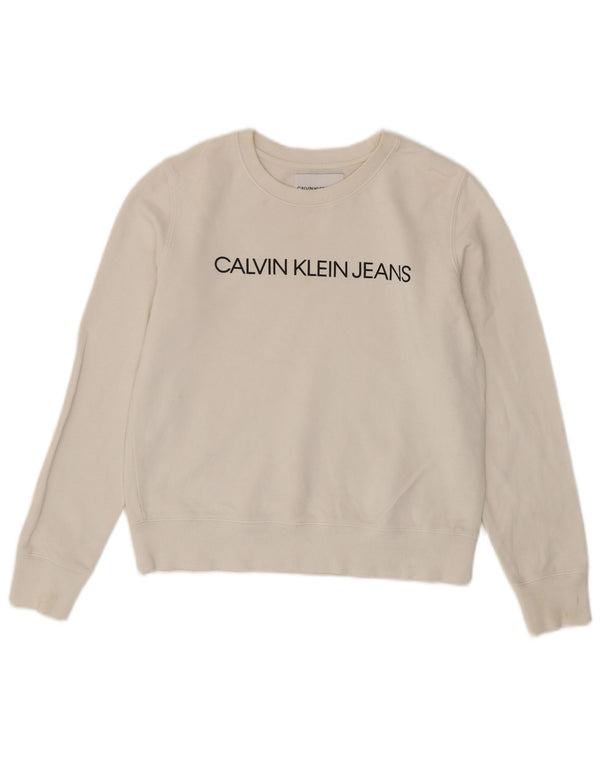 Calvin Klein Jeans Dame Graphic Crop Sweatshirt Jumper UK 10 Small White
