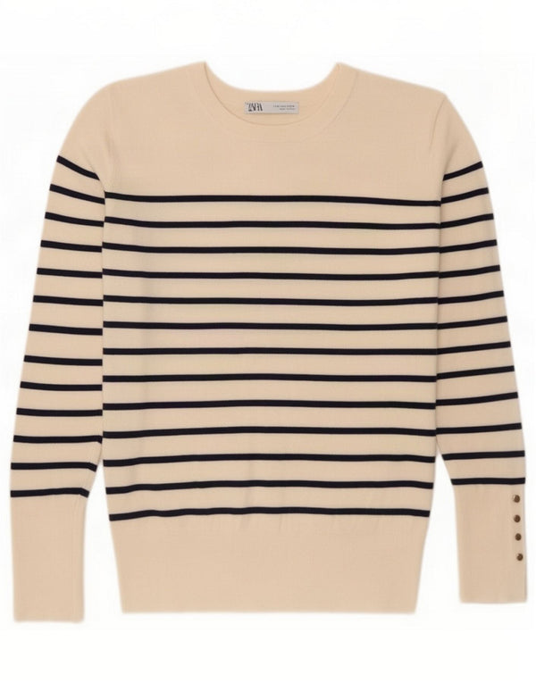 Zara Womens Boat Neck Jumper Sweater UK 12 Medium Beige Striped