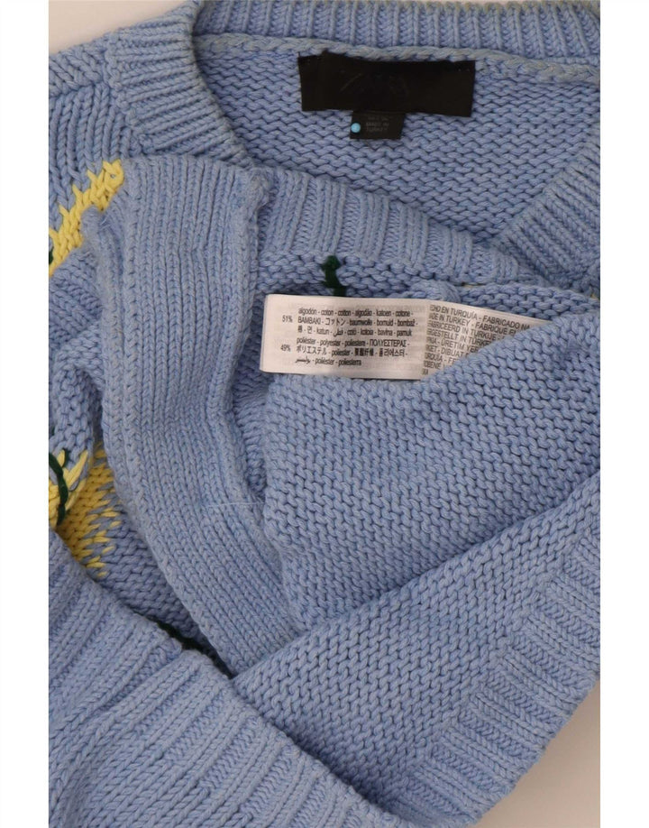 Zara Womens Crop Cardigan Sweater UK 10 Small Blue Argyle/Diamond