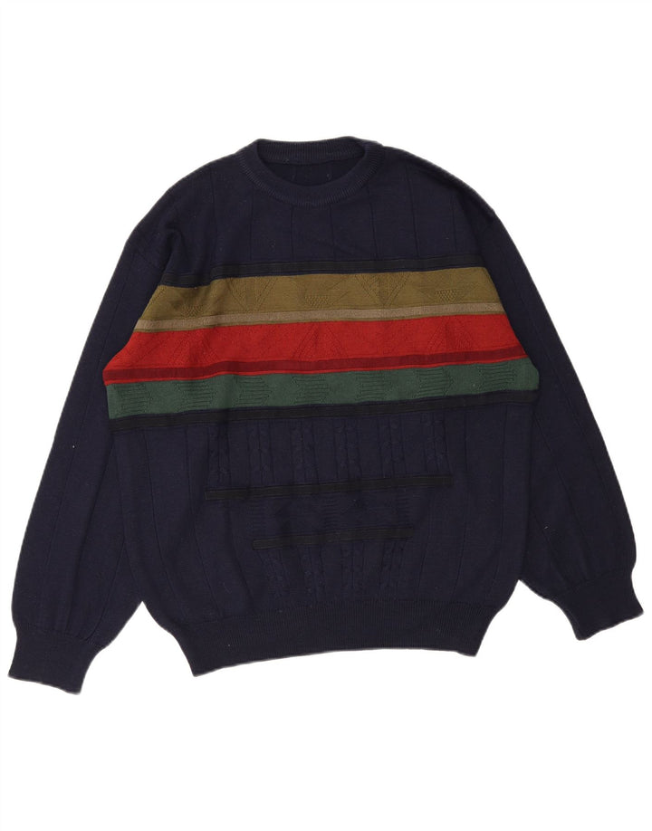 Vintage sweater med rund hals til mænd Medium marineblå farveblok