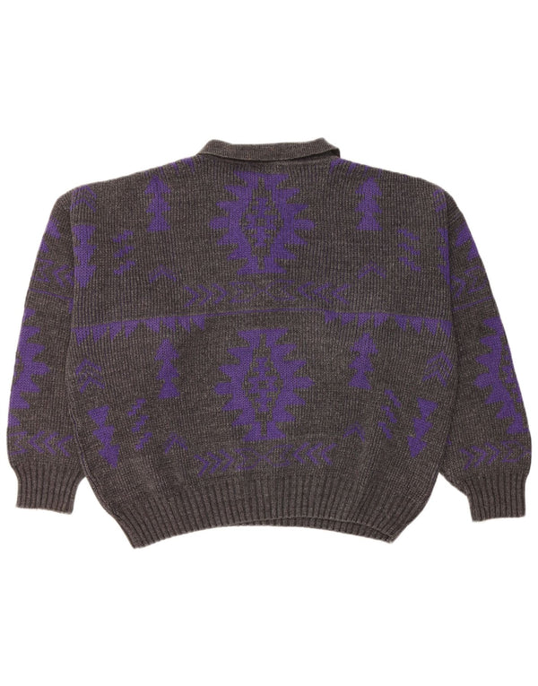 Vintage Mens Polo Neck Jumper Sweater XL Grey Geometric