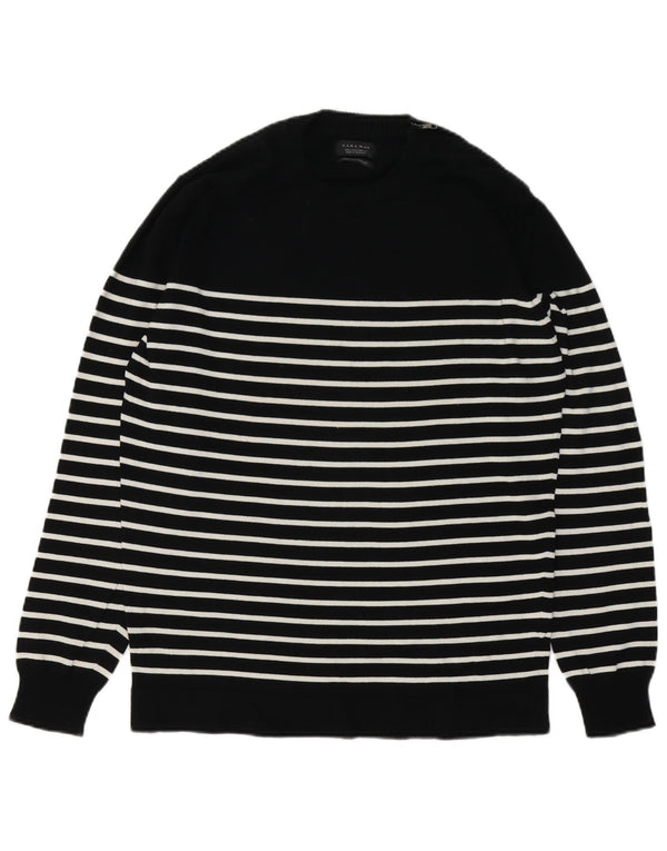Zara Mens Crew Neck Jumper Sweater Large Black Striped Cotton