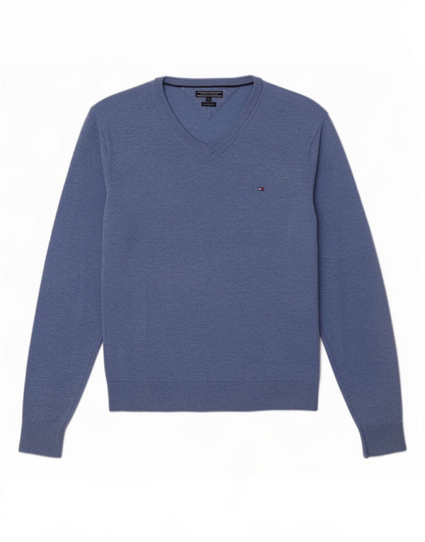 Tommy Hilfiger Herre V-hals sweater 2XL Blå Flecked Lammeuld