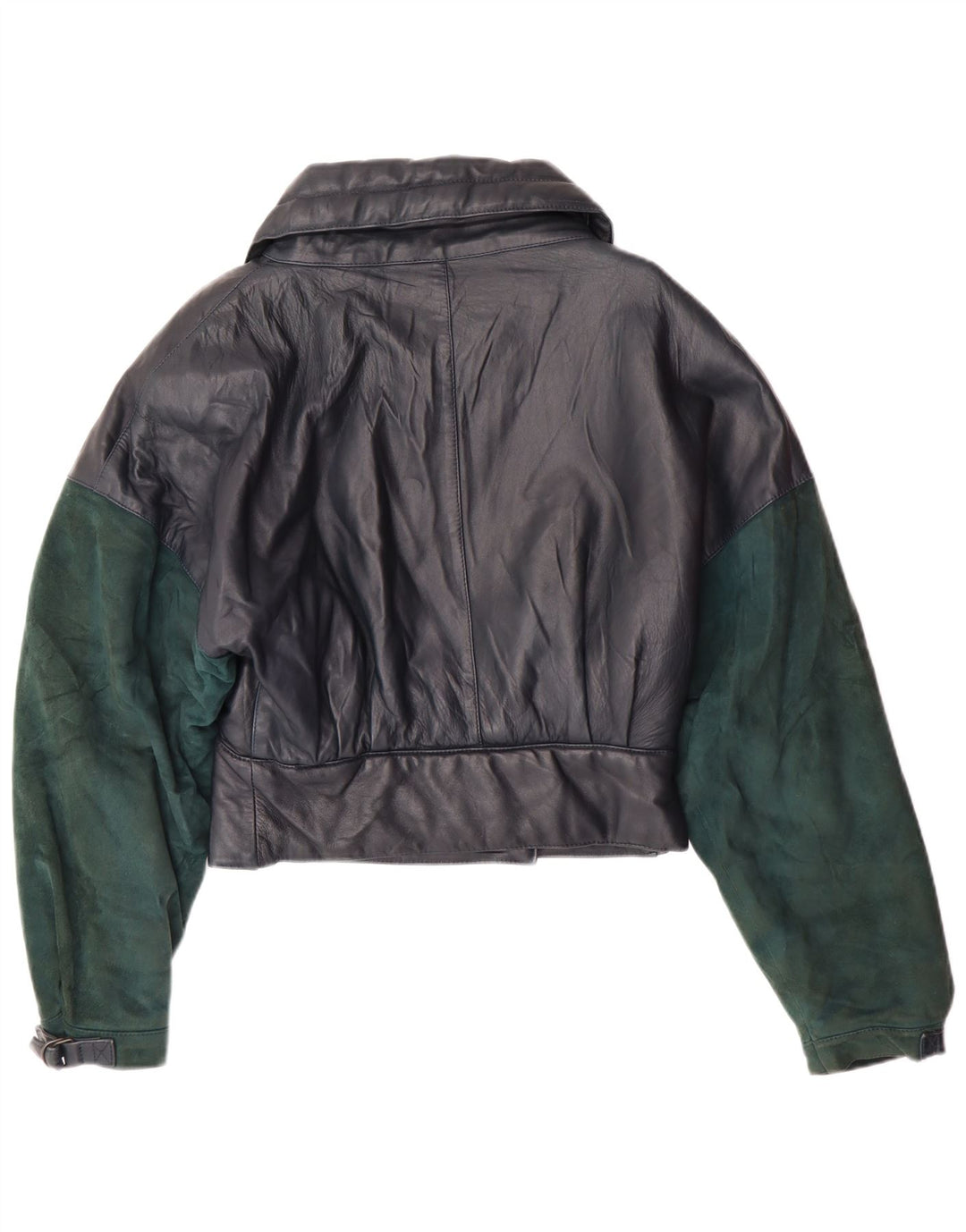 VINTAGE Crop læderjakke til kvinder UK 6 XS Marineblå