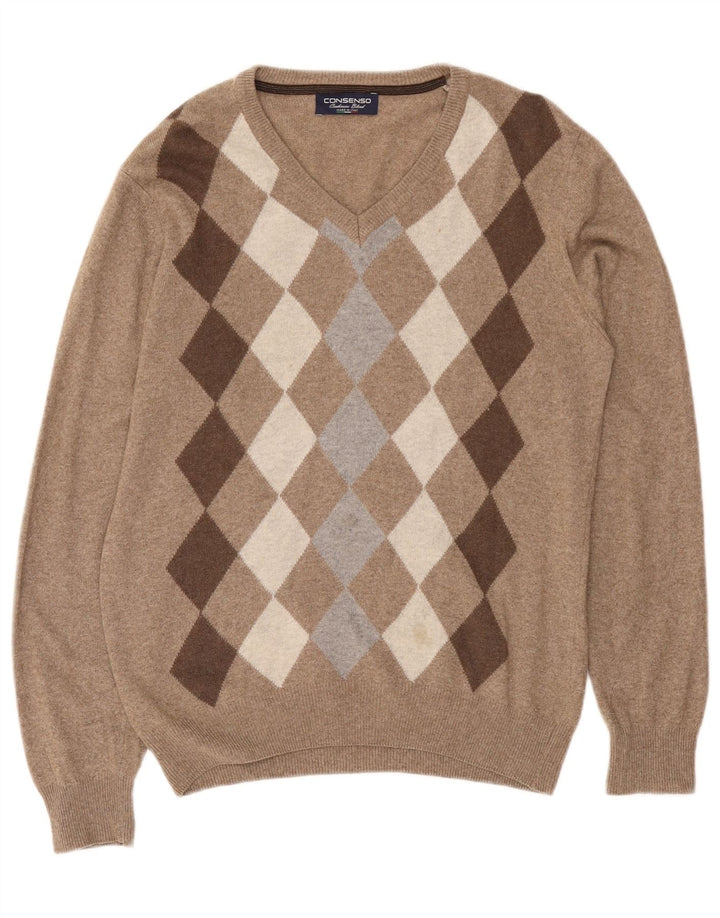 CONSENSO Herre V-hals sweater Medium Brun Argyle/Diamond Wool