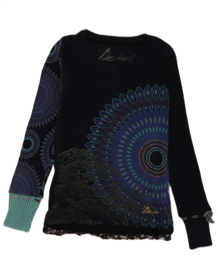 DESIGUAL Dame grafisk V-hals sweater UK 8 Small Navy Blue Floral