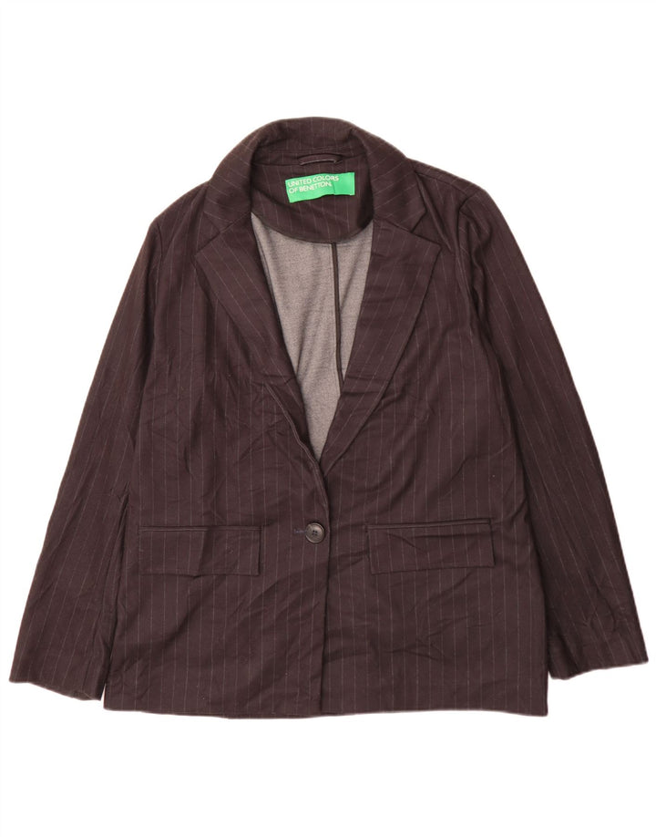 Benetton Dame 1 Knap Blazer Jacket UK 12 Medium Sort Stribet Klassisk