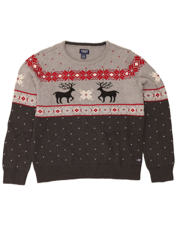Chaps Herre Boat Neck Jumper Sweater XL Grå Fair Isle Bomuld