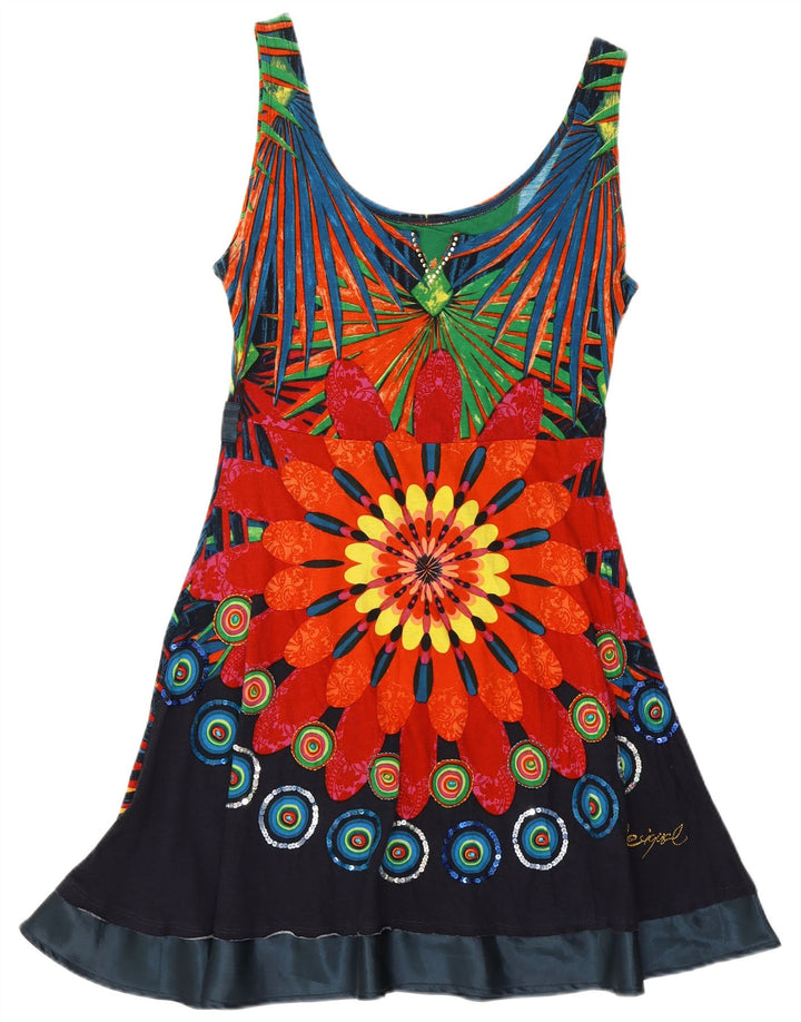 DESIGUAL Dame Ærmeløs A-Line Kjole UK 14 Large Multicolored Floral