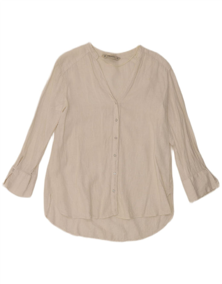 Zara skjortebluse med 3/4 ærmer til kvinder UK 14 Medium hvid hør