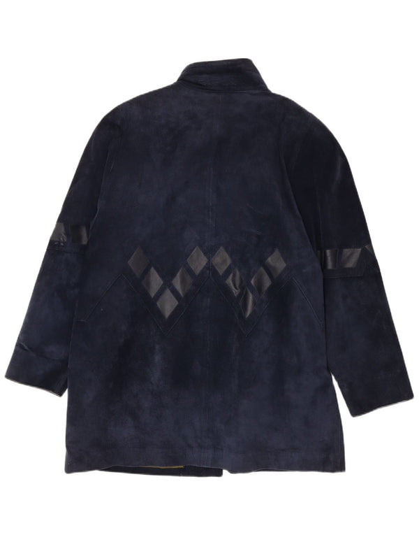 Vintage Dame Oversized Ruskind Overfrakke UK 14 Medium Navy Blue Geometric