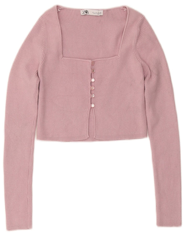 Zara Womens Crop Cardigan Top UK 8 Small Pink Nylon