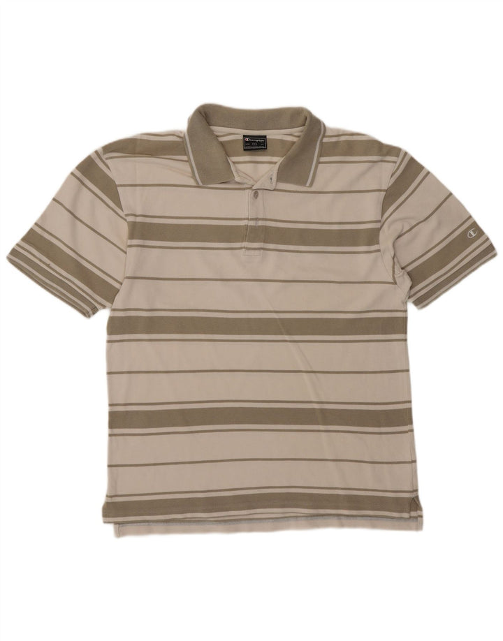 CHAMPION Mens Polo Shirt Large Off White Striped Cotton
