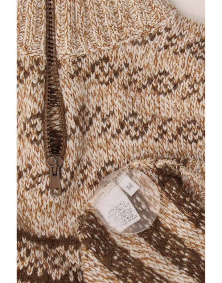Vintage Herre Zip Neck Jumper Sweater Medium Brown Fair Isle Akryl