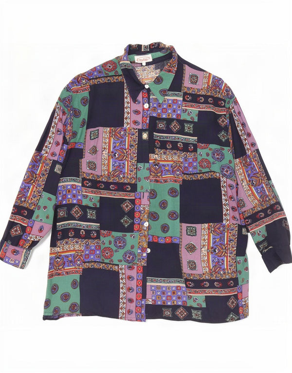 Vintage Dame Loose Fit skjorte EU 48 2XL Marineblå Patchwork Viscose