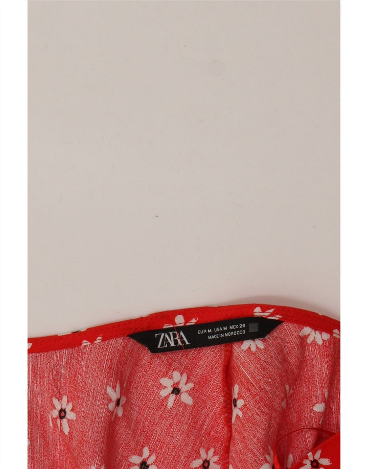 Zara Dame Langærmet Front Tie Crop Top UK 12 Medium Red Floral