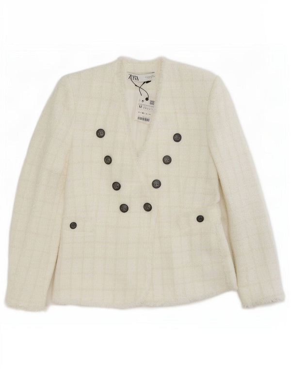 Zara Dame Dobbeltradet Blazer Jacket UK 12 Medium White Check